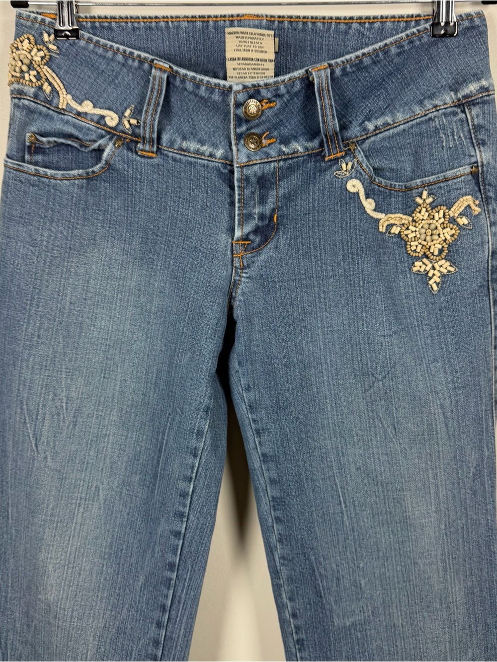 Vintage Y2K Decoded Blue Denim Flare Jeans Beaded Low Rise Boho Festival 9/10 - Picture 6 of 10